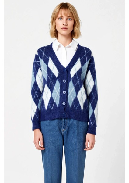 Kadın V Yaka Yumuşak Dokulu Baklava Desenli Triko Hırka Rahat Kesim Uzun Kollu Günlük Şıklık ve fırsatları