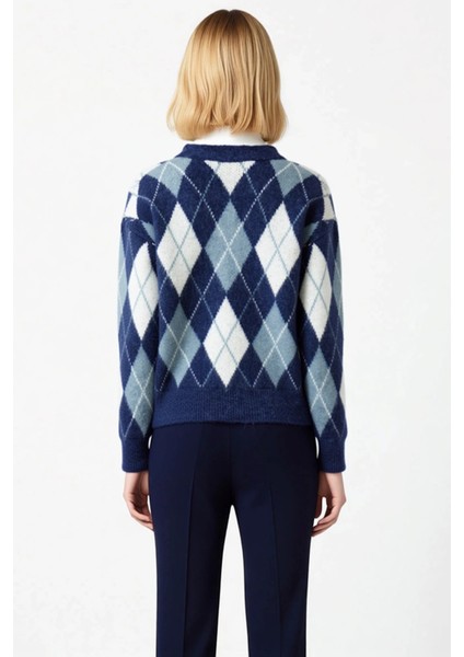 Kadın V Yaka Yumuşak Dokulu Baklava Desenli Triko Hırka Rahat Kesim Uzun Kollu Günlük Şıklık ve indirimleri