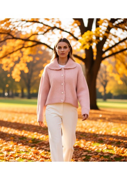 Kadınların Kış Gardıroplarına Sıcaklık ve Katan Düşük Kollu Polo Yaka Oversize Crop Triko Hırka