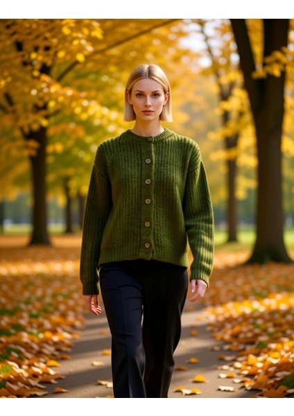 Kadın Yumuşak Dokulu Rahat Kesim Bisiklet Yaka Düz Desen Uzun Kollu Triko Hırka Fonksiyonel