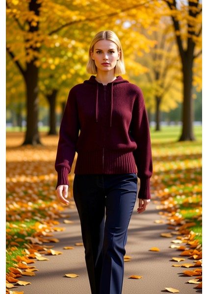 Kadın Regular Fit Kapüşonlu Fermuarlı Uzun Kollu Yumuşak Dokulu Fitilli Triko Hırka Kışlık Stil
