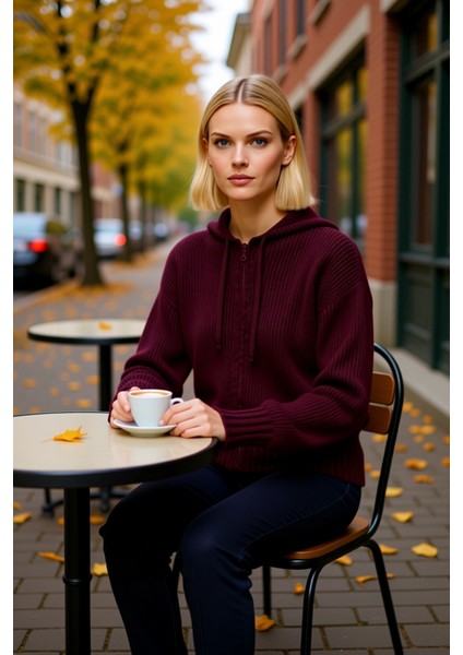 Kadın Regular Fit Kapüşonlu Fermuarlı Uzun Kollu Yumuşak Dokulu Fitilli Triko Hırka Kışlık Stil fiyatları