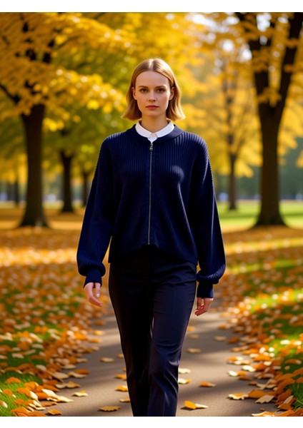 Kadın Antrasit Bomber Yaka Fermuarlı Triko Hırka Fonksiyonel Dayanıklı Kaliteli Konforlu Şık