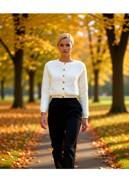 Kadın Peluş Dokulu Örme Crop Hırka Gold Düğme Detaylı Bisiklet Yaka Düşük Kol Modern Şıklık Sunar