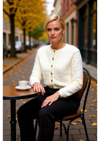 Kadın Peluş Dokulu Örme Crop Hırka Gold Düğme Detaylı Bisiklet Yaka Düşük Kol Modern Şıklık Sunar fiyatları