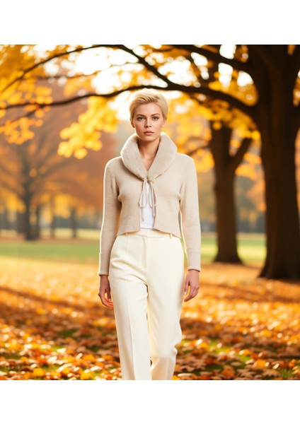 Kadın Suni Kürk Yakalı Bağlama Detaylı Fitted Crop Triko Hırka Şık ve Rahat Kombinler Spor