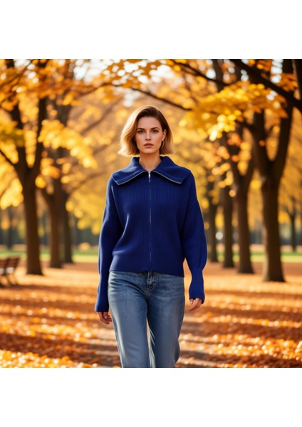 Kadın Geniş Kalıp Devrik Yaka Fermuarlı Triko Hırka Rahat ve Şık Görünüm Sunan Uzun Kollu Üst Giyim