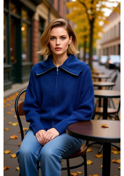 Kadın Geniş Kalıp Devrik Yaka Fermuarlı Triko Hırka Rahat ve Şık Görünüm Sunan Uzun Kollu Üst Giyim fiyatları