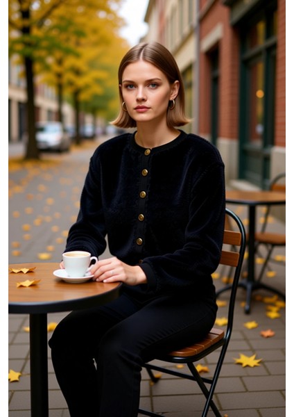 Kadın Peluş Dokulu Örme Crop Hırka Gold Düğme Detaylı Bisiklet Yaka Düşük Kol Modern Şıklık Sunar fiyatları