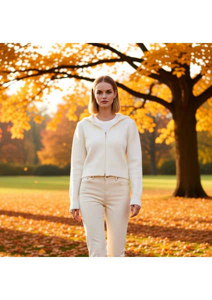 Kadın Fermuarlı Crop Kapüşonlu Triko Hırka Dokulu Örgü Detaylı Günlük Kombinler Için Şık ve Konforlu