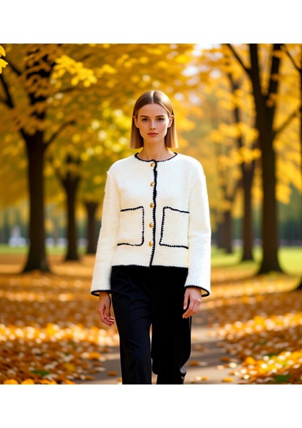 Kadın Kontrast Detaylı Düğmeli Tüylü Dokulu Triko Ceket Hırka Günlük ve Ofis Fonksiyonel Şık