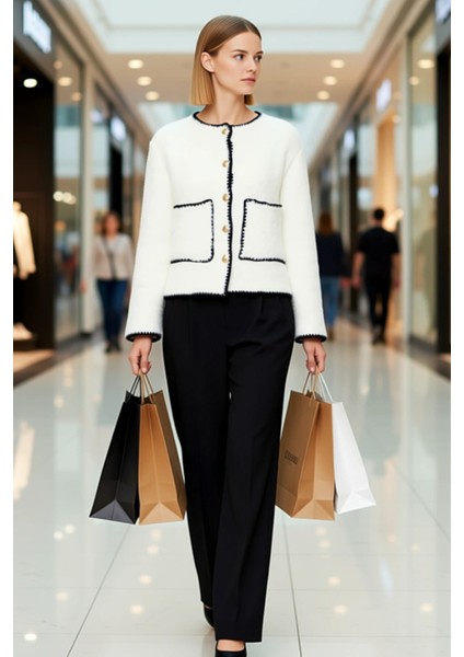 Kadın Kontrast Detaylı Düğmeli Tüylü Dokulu Triko Ceket Hırka Günlük ve Ofis Fonksiyonel Şık modelleri