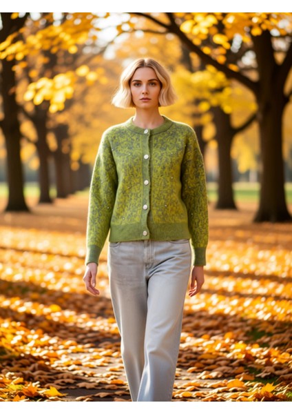 Düğme Detaylı Yumuşak Dokulu Desenli Triko Hırka Kadın Giyim Kombinlerinize Modern Bir Dokunuş