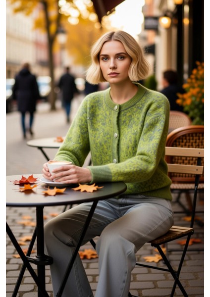 Düğme Detaylı Yumuşak Dokulu Desenli Triko Hırka Kadın Giyim Kombinlerinize Modern Bir Dokunuş fiyatları