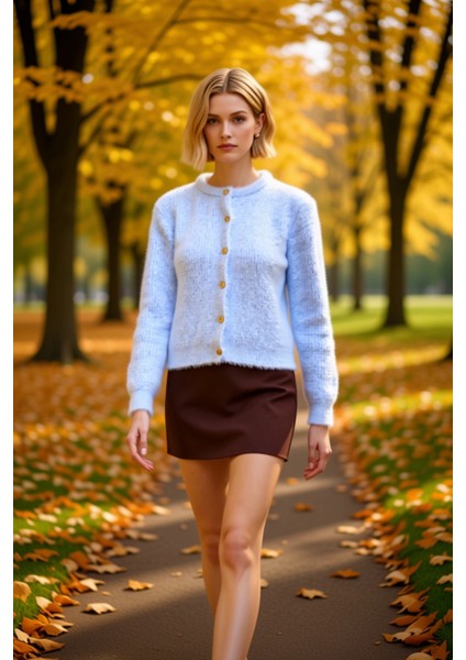 Kadın Dokulu Yumoş Iplik Bisiklet Yaka Uzun Kollu Crop Kesim Triko Hırka Günlük Şıklık ve Konfor