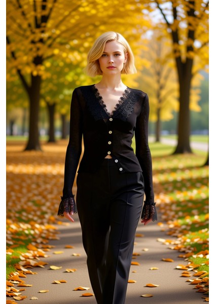 Kadın Dantel Işlemeli V Yaka Fitted Triko Hırka Uzun Kollu Zarif ve Modern Bir Dokunuş Şık