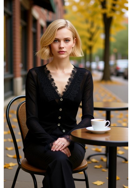 Kadın Dantel Işlemeli V Yaka Fitted Triko Hırka Uzun Kollu Zarif ve Modern Bir Dokunuş Şık fiyatları