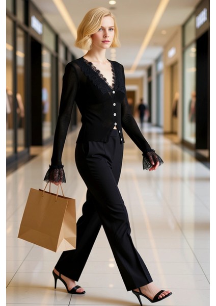 Kadın Dantel Işlemeli V Yaka Fitted Triko Hırka Uzun Kollu Zarif ve Modern Bir Dokunuş Şık modelleri