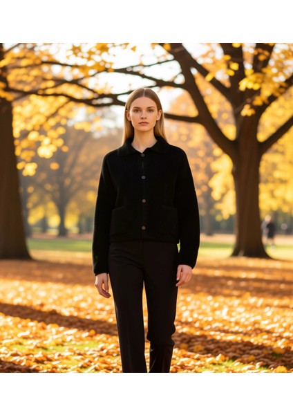 Kadın Oversize Kalıp Polo Yaka Düşük Kol Uzun Kollu Buklet Triko Hırka Rahat ve Şık Bir Görünüm