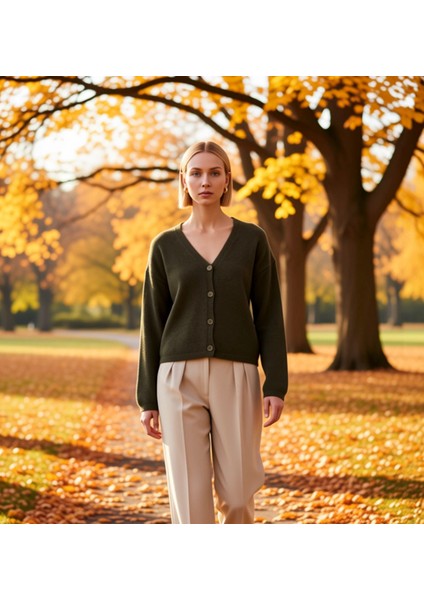 Kadın V Yaka Düşük Kol Triko Hırka Rahat Kalıp Günlük Stilin Tamamlayıcısı Konforlu Tasarım