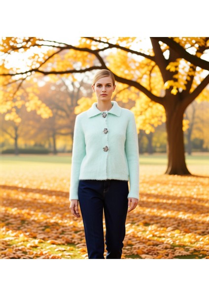 Kadın Yumuşak Dokulu Gül Düğme Detaylı Buklet Iplikli Uzun Kollu Regular Kalıp Triko Hırka