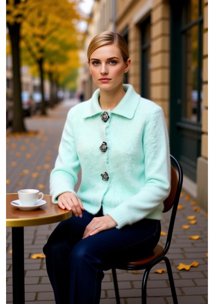 Kadın Yumuşak Dokulu Gül Düğme Detaylı Buklet Iplikli Uzun Kollu Regular Kalıp Triko Hırka fiyatları