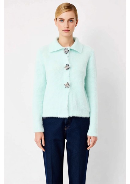 Kadın Yumuşak Dokulu Gül Düğme Detaylı Buklet Iplikli Uzun Kollu Regular Kalıp Triko Hırka fırsatları