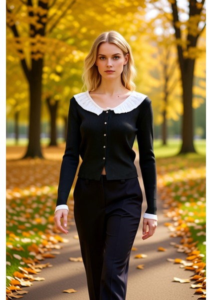 Kadınlara Özel Fırfırlı Yaka Detaylı Düğmeli Fitted Kesim Uzun Kollu Crop Triko Hırka Spor