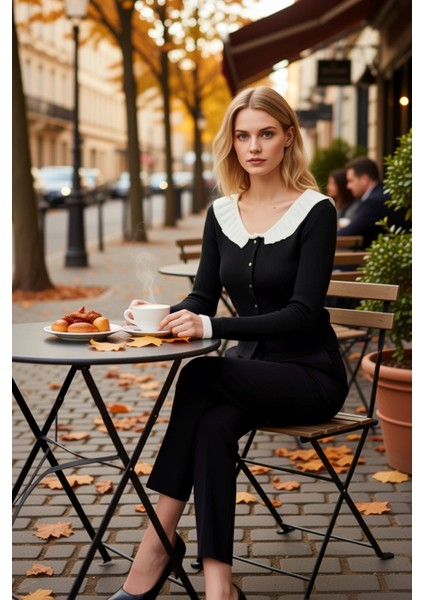 Kadınlara Özel Fırfırlı Yaka Detaylı Düğmeli Fitted Kesim Uzun Kollu Crop Triko Hırka Spor fiyatları