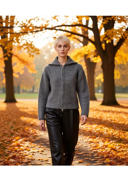 Kadın Geniş Kalıp Fermuarlı Triko Hırka Günlük Stilinizi Tamamlayan Yumuşak Dokunuş ve Konfor