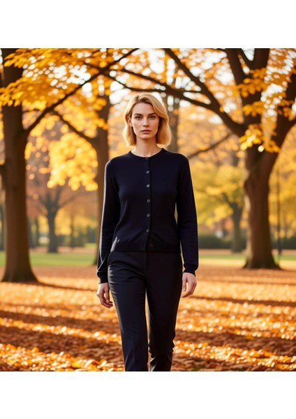 Kadın Regular Fit Bisiklet Yaka Düğmeli Triko Hırka Uzun Kollu Basic Kesim Konforlu Günlük Stil