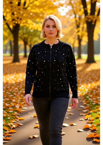 Kadın Incili Fermuarlı Triko Ceket Görünümlü Hırka Şık ve Rahat Günlük Kombinlerin Tamamlayıcısı