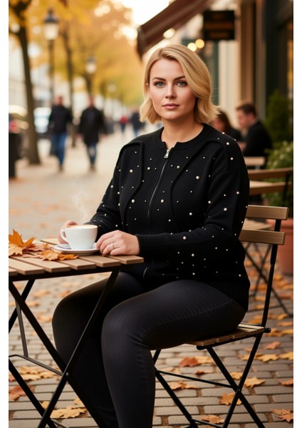 Kadın Incili Fermuarlı Triko Ceket Görünümlü Hırka Şık ve Rahat Günlük Kombinlerin Tamamlayıcısı fiyatları