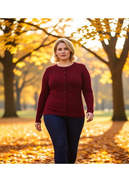 Kadın Fitilli Triko Düğmeli Hırka Yumuşak Dokulu Uzun Kollu Rahat Kesim Fonksiyonel Modern