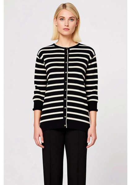 Kadın Çizgili Bisiklet Yaka Uzun Kollu Düğmeli Regular Kalıp Triko Hırka Fonksiyonel Rahat fırsatları