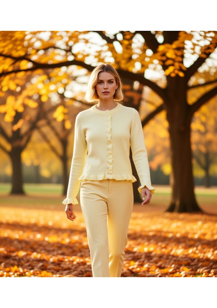 Kadın Fırfır Detaylı Düğmeli Triko Hırka Yumuşak Dokusuyla Günlük Kombinlerinize Zarafet Katıyor