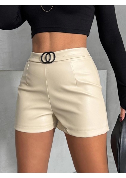 Lzrdwzrd Tokalı Deri Şort H24444 Krem (Beden: L)