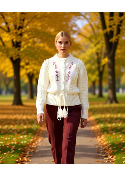 Kadın Nakış Detaylı Bağlamalı Regular Kalıp Triko Hırka Kışlık Şıklık Sunan Özgün Tasarım Şık