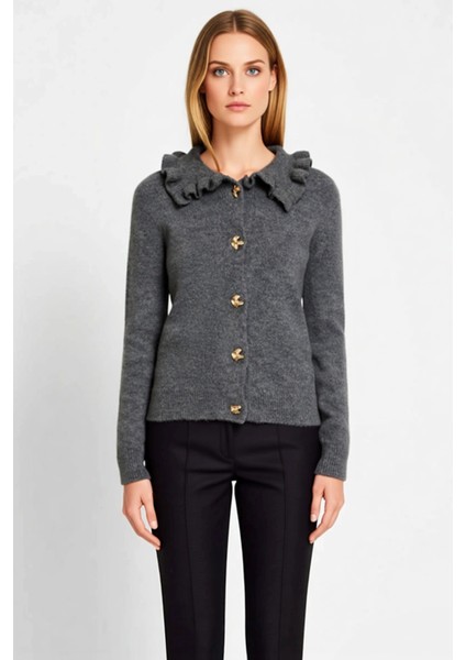 Kadın Gündelik Şıklık Sunan Yumuşak Dokulu Fırfırlı Bebe Yaka Metal Düğmeli Uzun Kollu Triko Hırka fırsatları