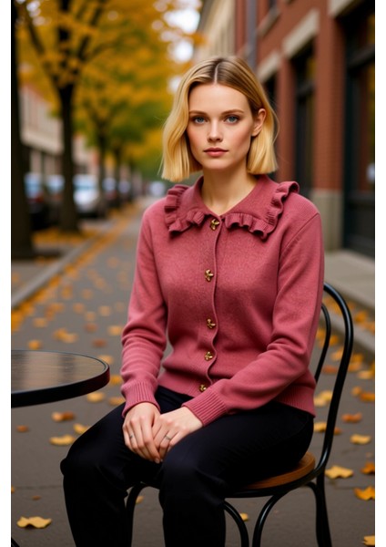 Kadın Gündelik Şıklık Sunan Yumuşak Dokulu Fırfırlı Bebe Yaka Metal Düğmeli Uzun Kollu Triko Hırka fiyatları