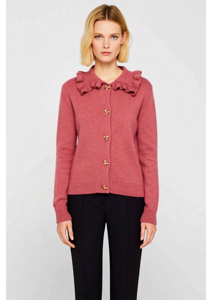 Kadın Gündelik Şıklık Sunan Yumuşak Dokulu Fırfırlı Bebe Yaka Metal Düğmeli Uzun Kollu Triko Hırka fırsatları