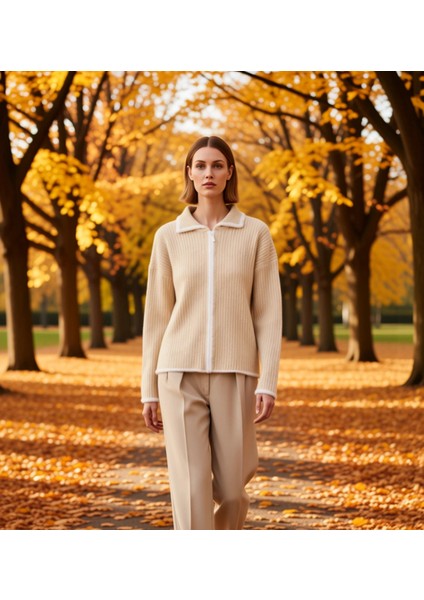 Kadın Oversize Kesim Polo Yaka Uzun Kollu Fermuarlı Triko Hırka Yumuşak Dokusuyla Kış Günleri