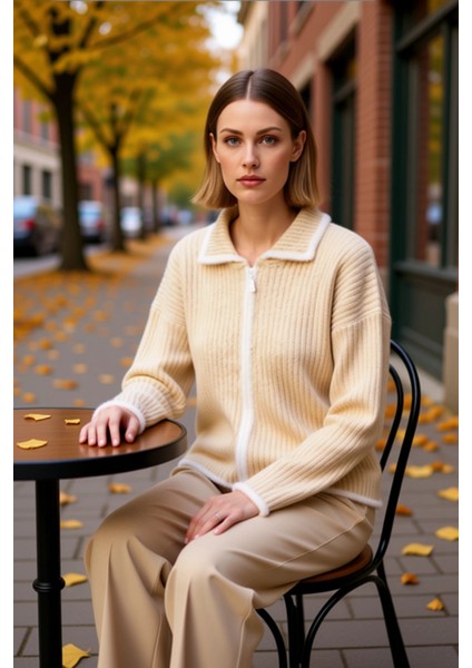 Kadın Oversize Kesim Polo Yaka Uzun Kollu Fermuarlı Triko Hırka Yumuşak Dokusuyla Kış Günleri fiyatları