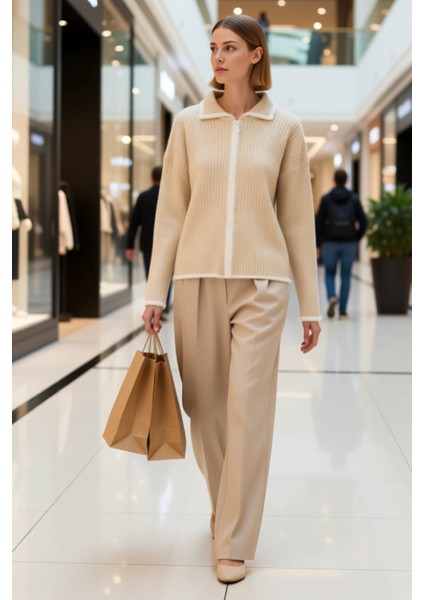 Kadın Oversize Kesim Polo Yaka Uzun Kollu Fermuarlı Triko Hırka Yumuşak Dokusuyla Kış Günleri modelleri