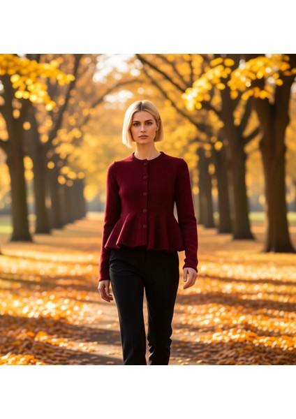 Kadın Bisiklet Yaka Etek Ucu Volanlı Düğmeli Triko Hırka Uzun Kollu Rahat Kesim Günlük Stilinize