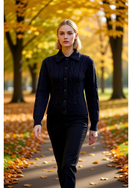 Kadın Saç Örgülü Yumuşak Dokulu Polo Yaka Düşük Kol Rahat Kesim Triko Hırka Günlük Şıklık ve Konfor