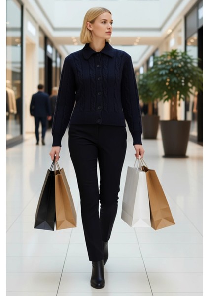 Kadın Saç Örgülü Yumuşak Dokulu Polo Yaka Düşük Kol Rahat Kesim Triko Hırka Günlük Şıklık ve Konfor modelleri