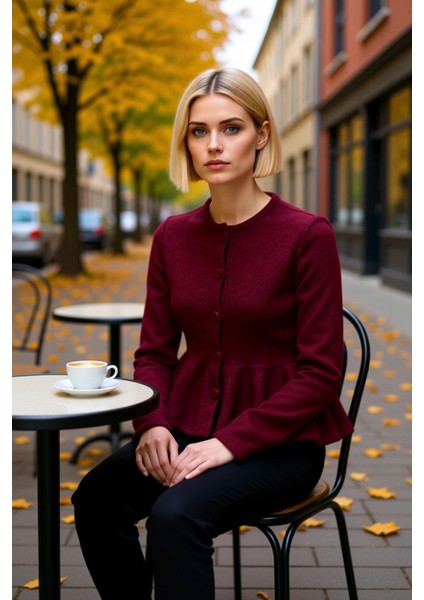 Kadın Bisiklet Yaka Etek Ucu Volanlı Düğmeli Triko Hırka Uzun Kollu Rahat Kesim Günlük Stilinize fiyatları