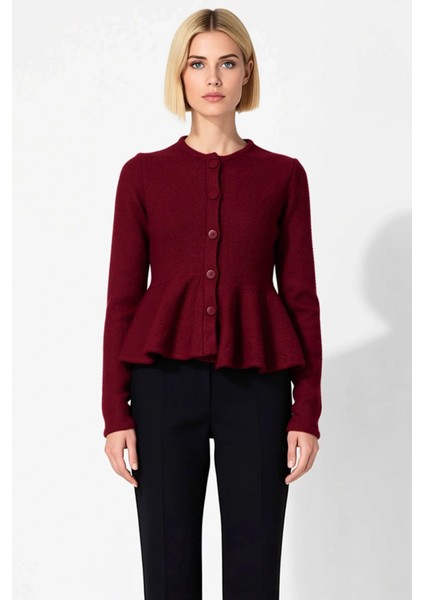 Kadın Bisiklet Yaka Etek Ucu Volanlı Düğmeli Triko Hırka Uzun Kollu Rahat Kesim Günlük Stilinize fırsatları