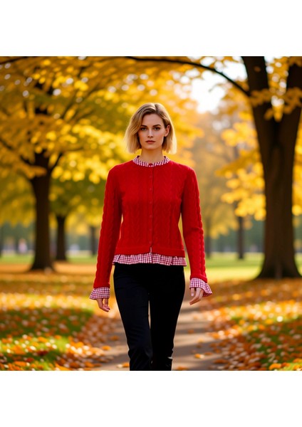 Kadın Saç Örgü Detaylı Düğmeli Triko Hırka Katmanlı Şık Görünüm Sunan Örme Kazak Dayanıklı